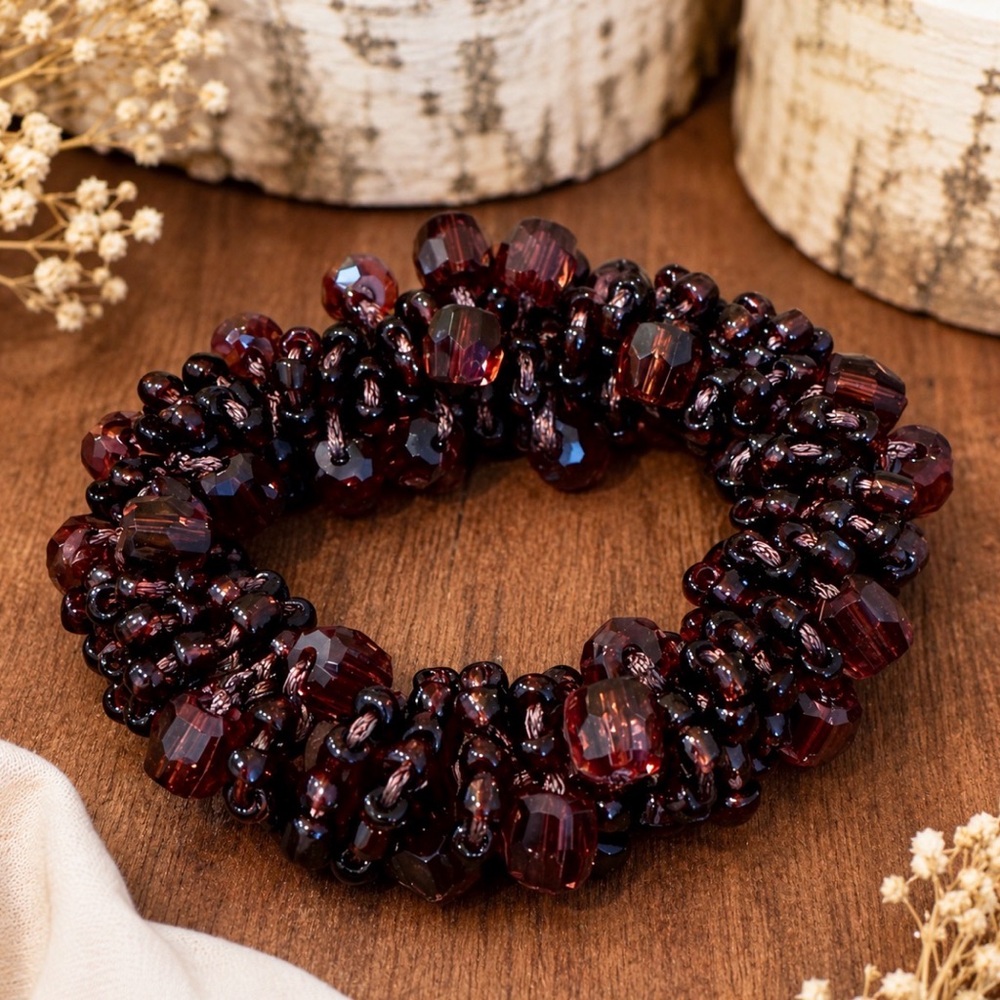 Vintage Garnet Burgundy Acrylic Beaded Stretch Bracelet Chunky Lightweight
